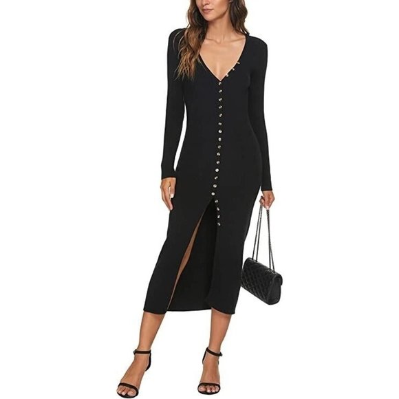 Black Deep V Neck Button Down Long Knit Bodycon Dress / Long Sleeve  Siz… - Picture 2 of 16